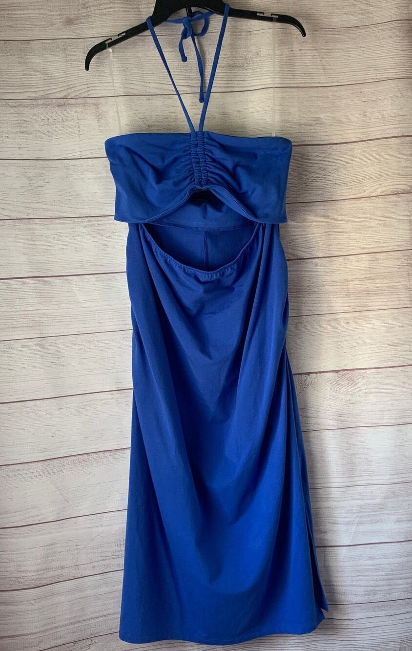 Isabel Blue Maternity Bodycon Dress Cutout Front Halter Tie Strap Size Large
